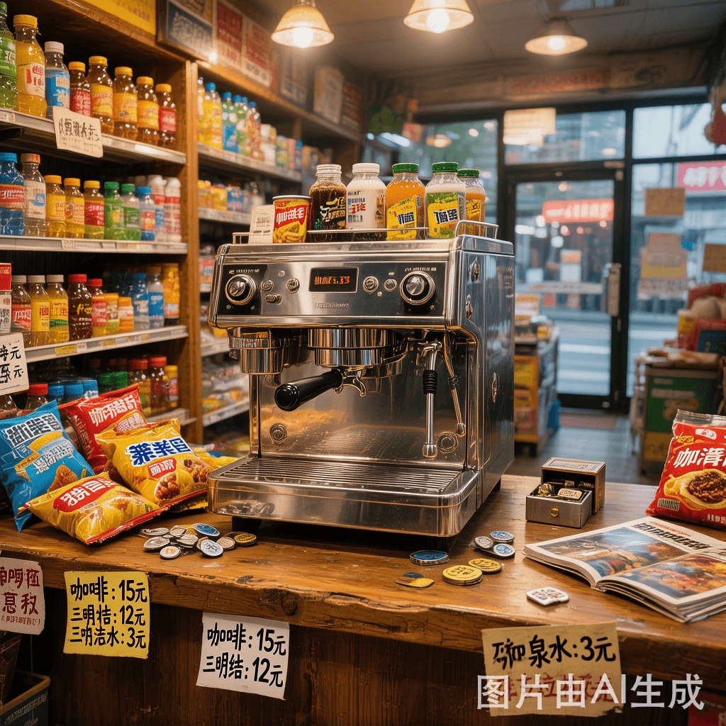 咖啡机放在小便利店柜台上